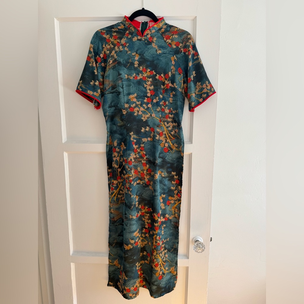 Floral Patterned Silk Ao Dai with Red Accents